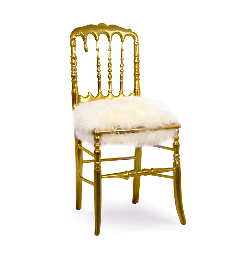 dining chairs - gold chair and white fur