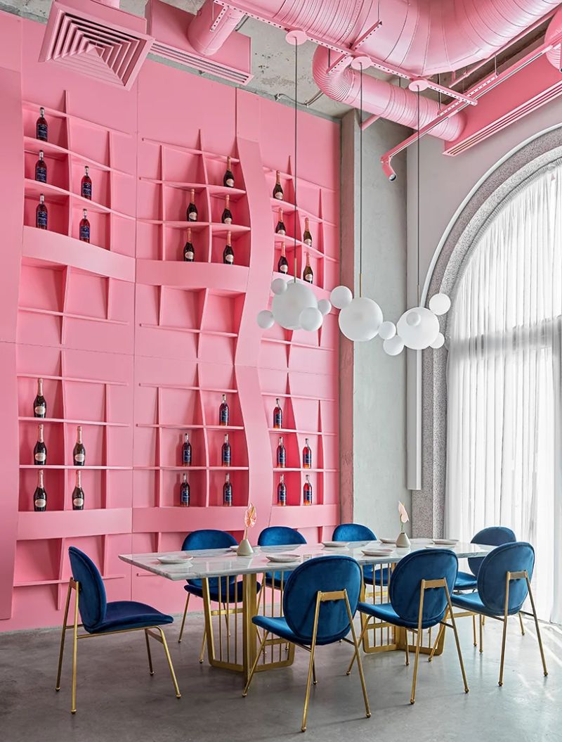 A Modern Restaurant Design With A Statement Pink Shelf (4)