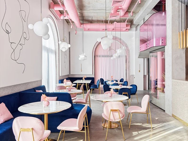 A Modern Restaurant Design With A Statement Pink Shelf (6)