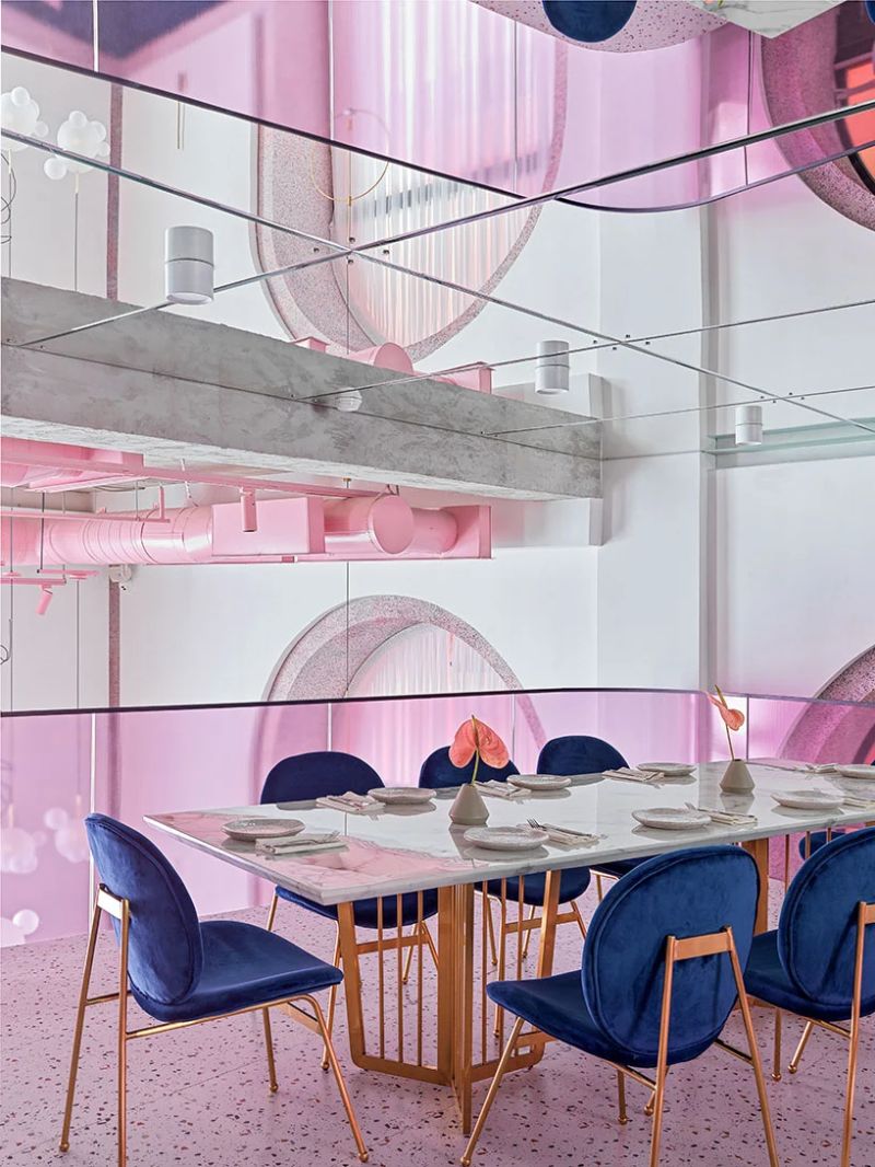 A Modern Restaurant Design With A Statement Pink Shelf (9)
