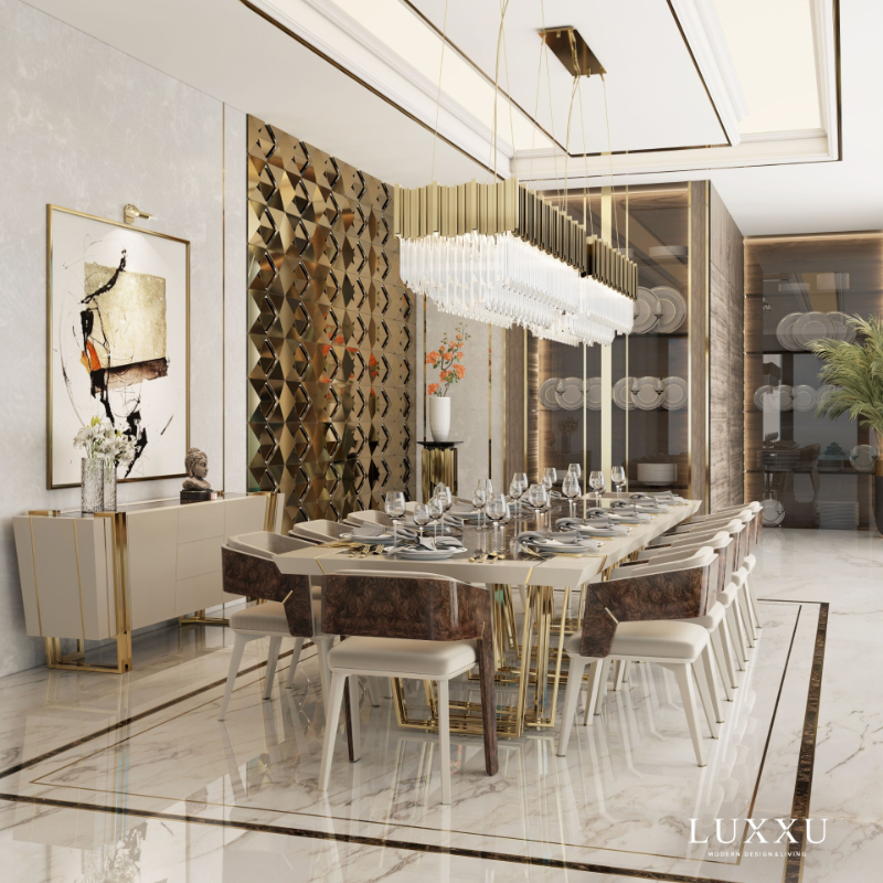 modern dining room with warm, neutral tones, and the marble and gold details