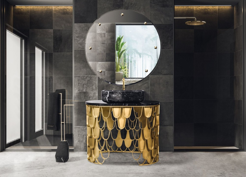 bathroom modern interior design with gold and black colors