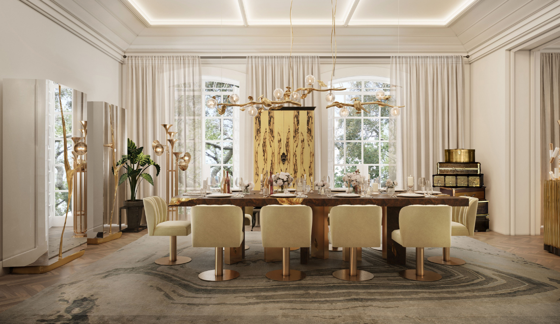 modern dining room in neutral tones and gold details in every piece