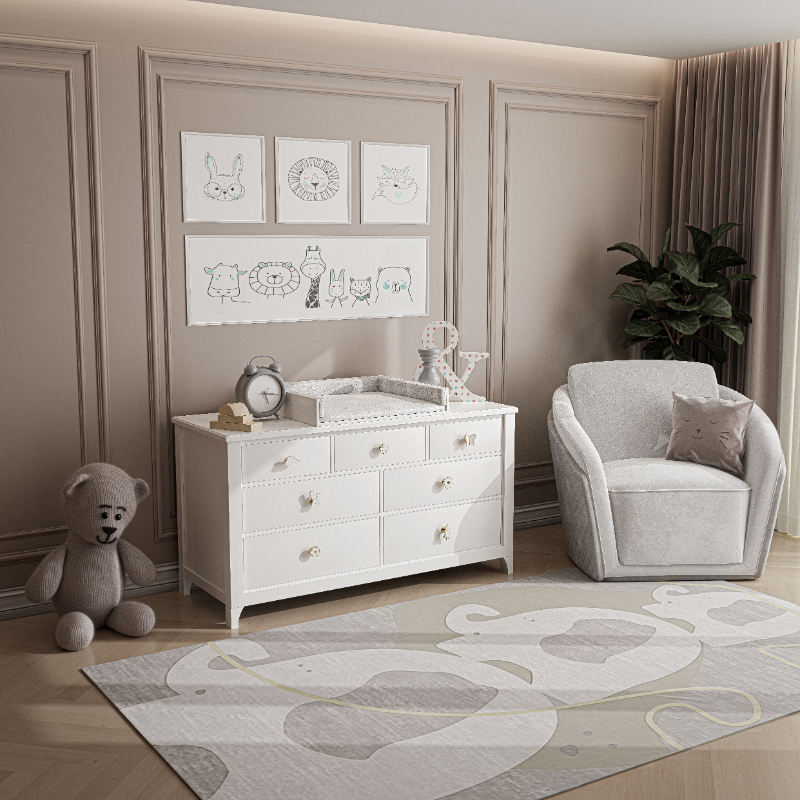 This modern interior design, a nursing room in neutral tones and with special accessories for decoration