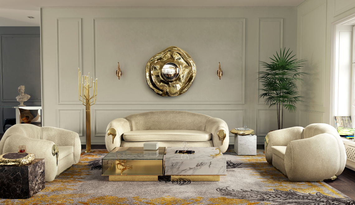 modern coffee tables in neutral tones and gold details