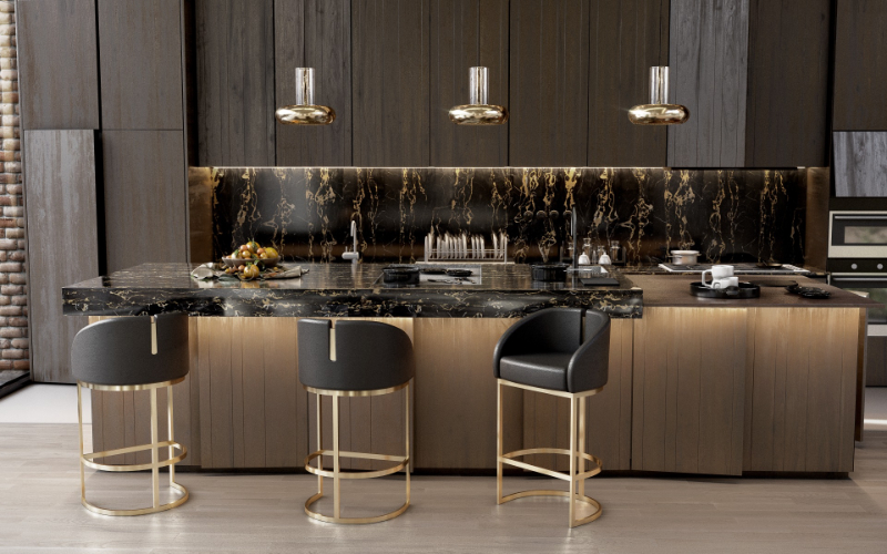 a interior design in a modern kitchen with brown and gold details