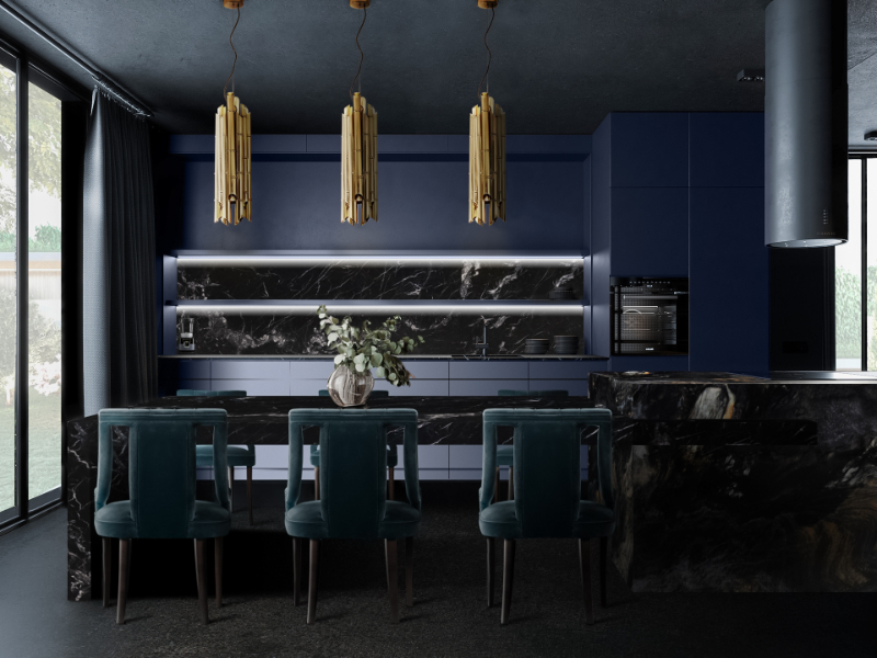 a kitchen in dark tones 
