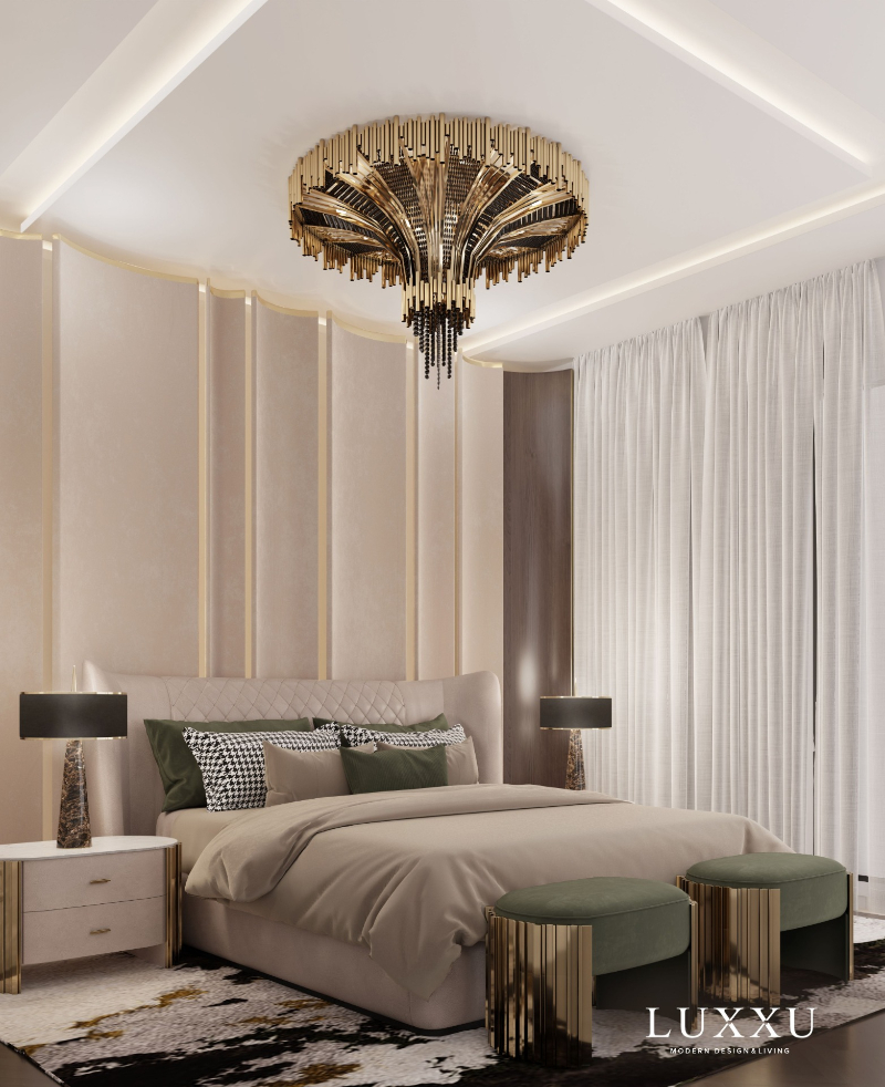 A nude bedroom with a nude velvet bed, a two green velvet stool and a gold lamp