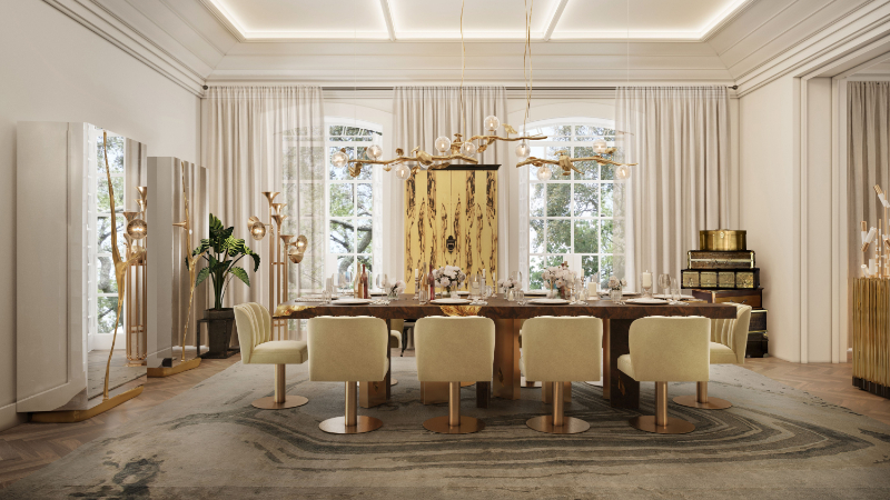 modern dining room in neutral tones and gold details
