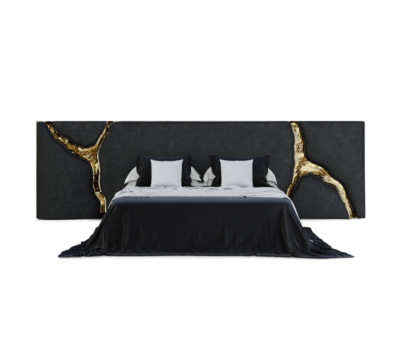 luxury houses - lapiaz headboard in black velvet and gold details