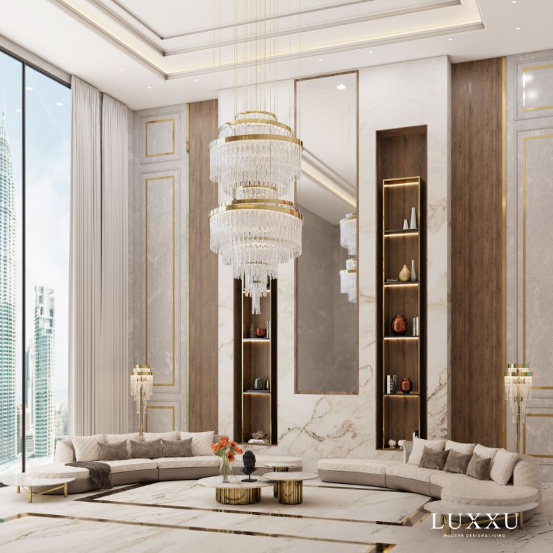 A glamorous ward tones in the living room with marble and gold details