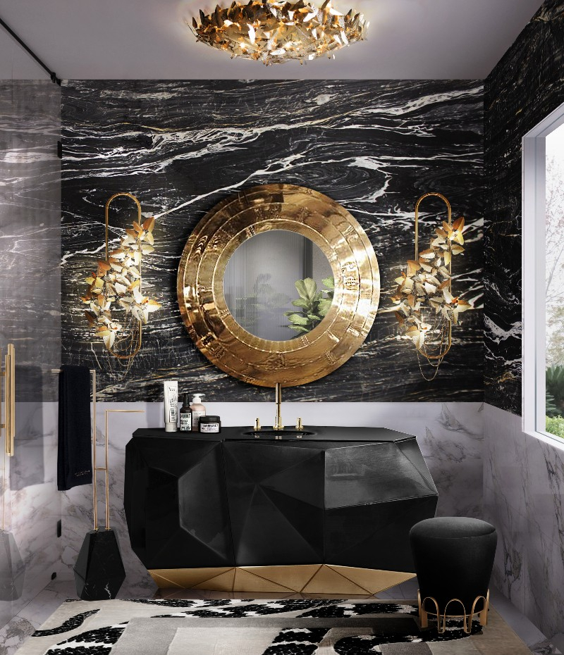 A bathroom in black and white marble