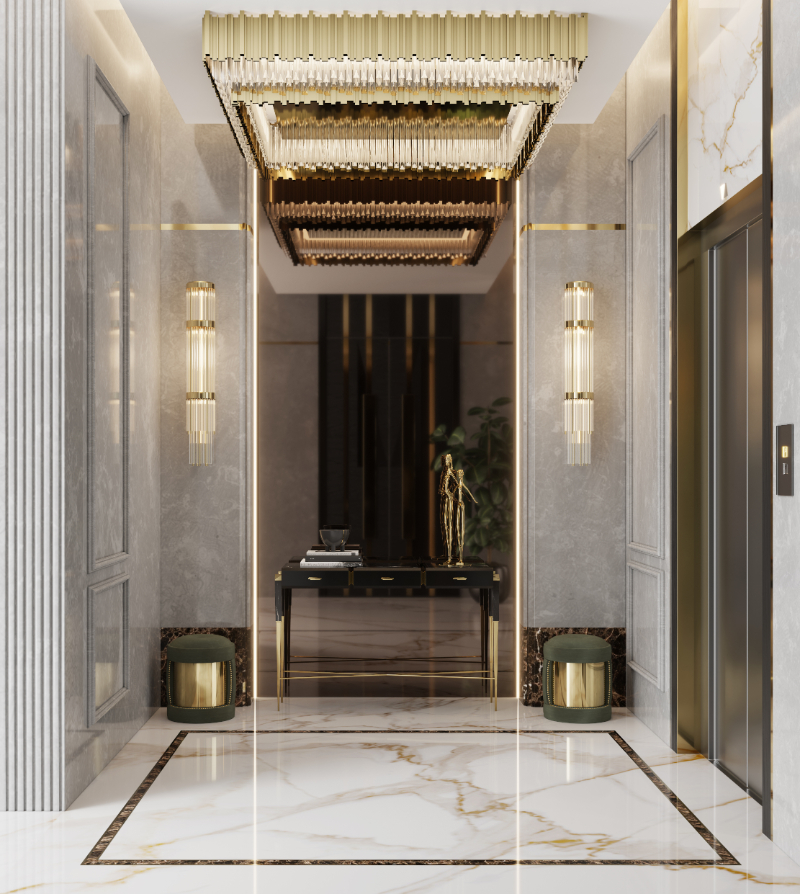glamorous entryway with warm and marble tones