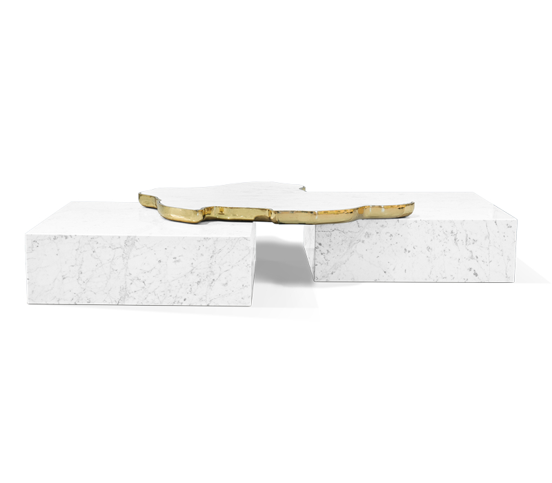 luxury houses - navarra center table in carrara marble with gold frame on the the top