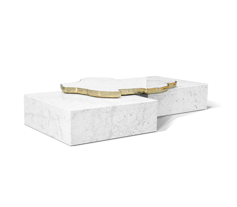 A modern coffee table composed of two square marble modules