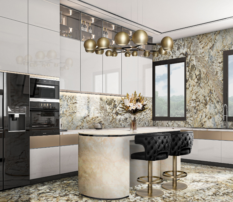 kitchen with a warm marble and neutral tones