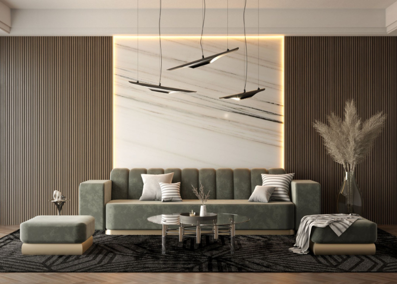 modern living room with a green velvet sofa 