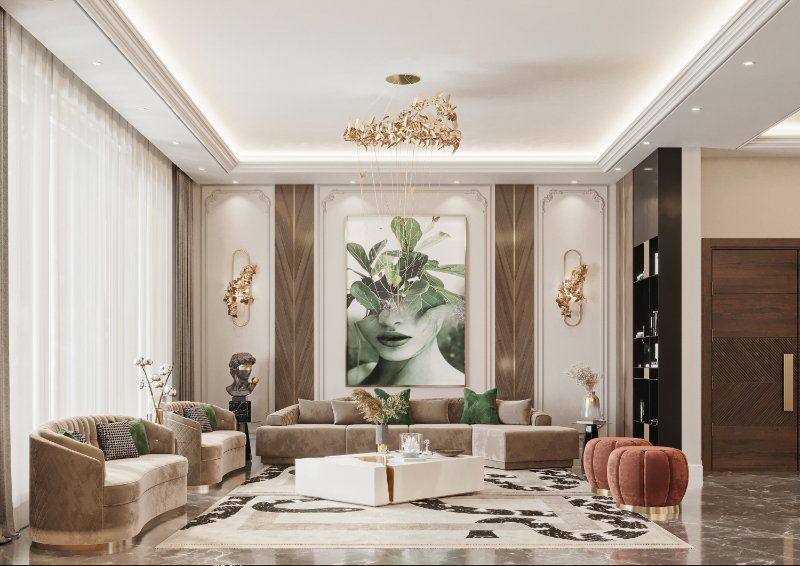 modern interior design with gold details and neutral tones