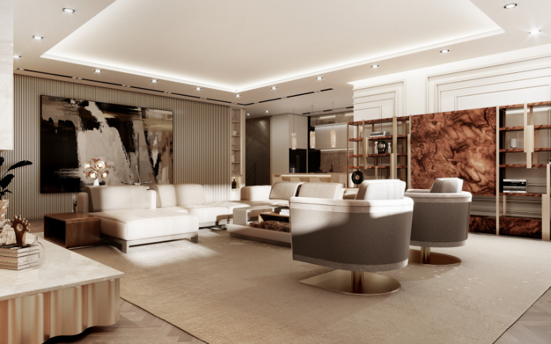 living room with gold and nude details