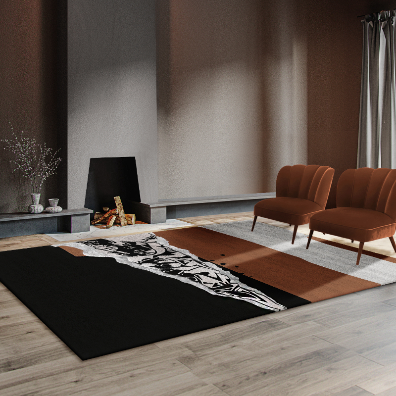 living room with a artistic rug, two orange velvet chairs and a fireplace