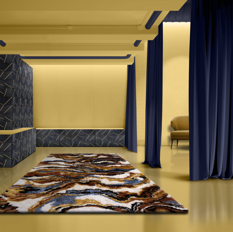 an interior design project for a entryway  with blue and yellow colors