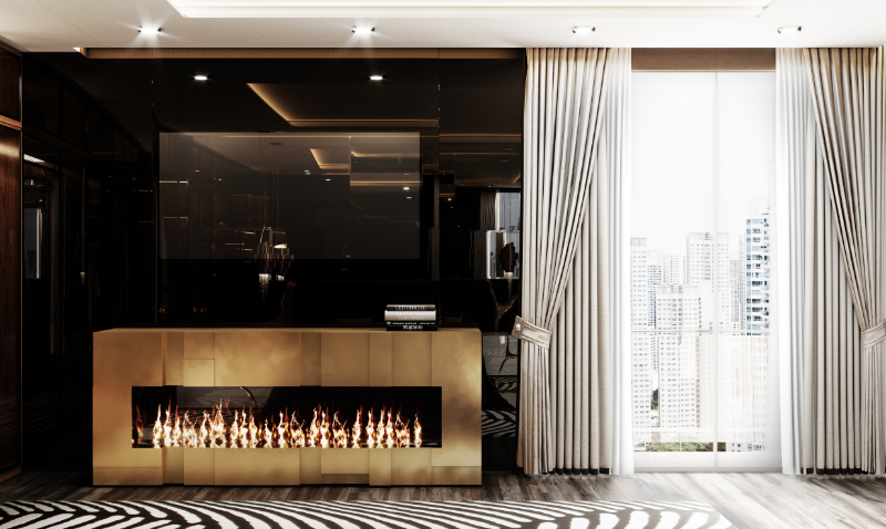 master bedroom with a fireplace