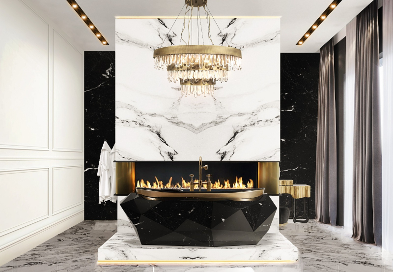 bathroom with diamond bathtub and a fireplace
