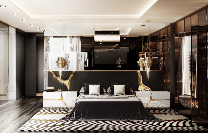 glamorous master bedroom in dark tones and gold details