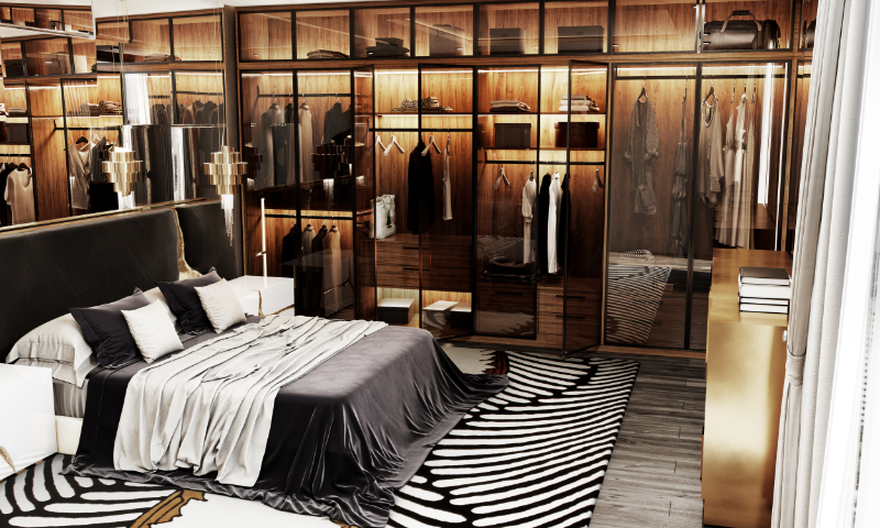 master bedroom in warm tones with a enormous closet