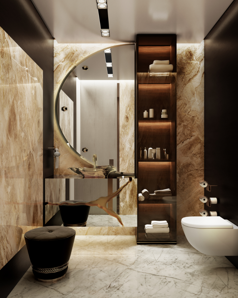 bathroom with a warm tones and a marble wall