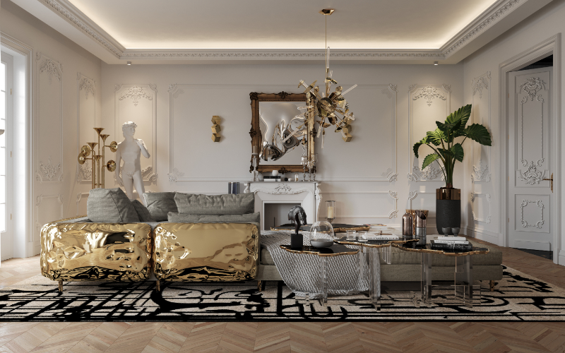 white living room with gold sofa and new arrivals center table