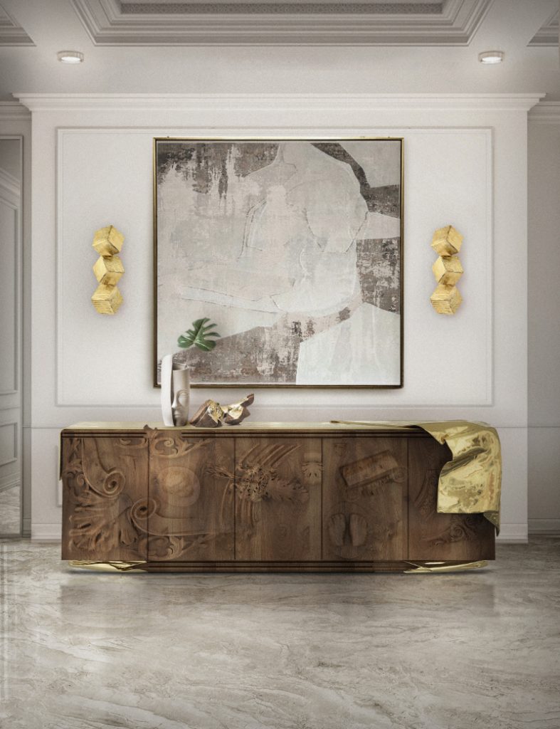new arrival brown wooded sideboard with golden wall lightning