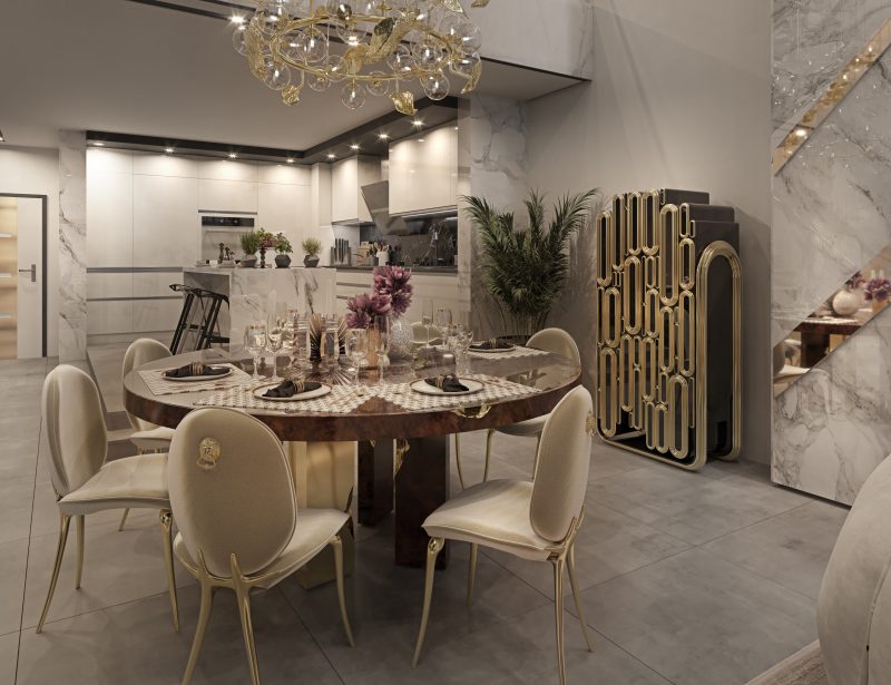 luxury round dining tables - exclusive dining room design with white and gold details