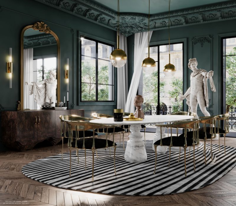 luxury round dining tables - exclusive dining room design with white marble round dining table and gold details