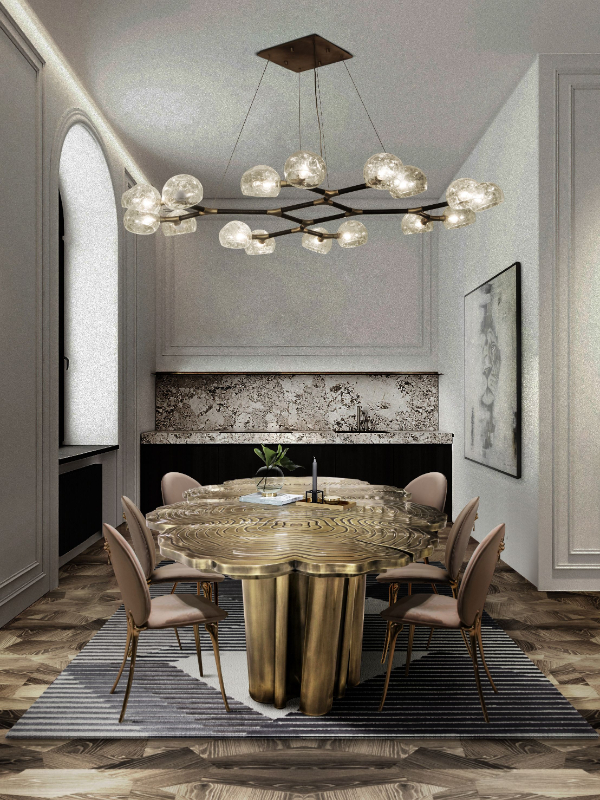 luxury round dining tables - exclusive dining room design with white and gold details