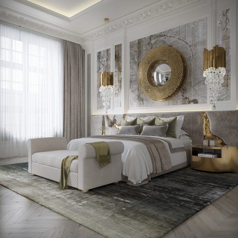 master bedroom with lapiaz headboard in grey velvet newton mirror, fortuna center table in gold and two beige harmchairs