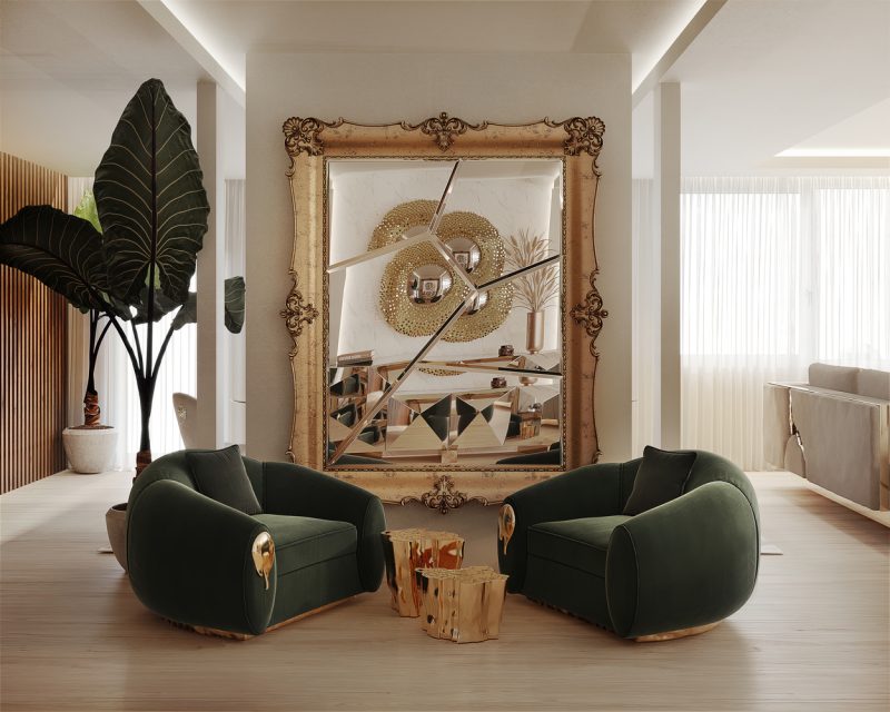 living room with rectangular wall fragmented mirror with stainless steel details on the frame, detailed glass, two green armchairs with gold details and two small side tables in gold
