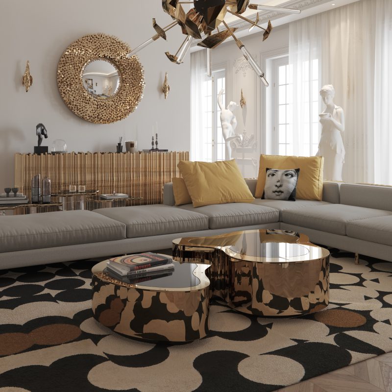 gold coffe table, nude sofa with gold details suspension lamp in gold and golden mirror