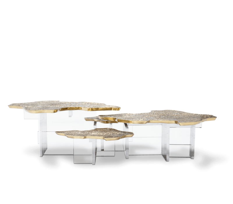 coffee tables - three coffee table qith gold top and clear acrylic structure