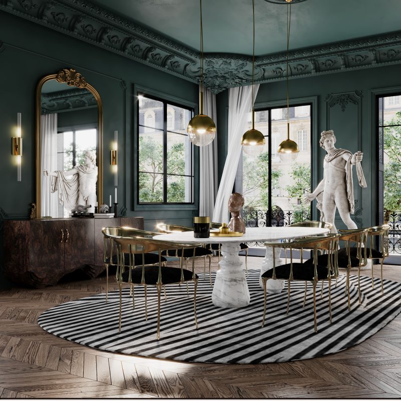 dinnig room with pietra dining table, number eleven chairs in gold and black fabric and three round suspension lamps