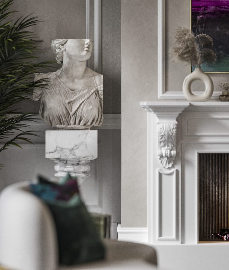 white fireplace and a marble pedestal with a statue