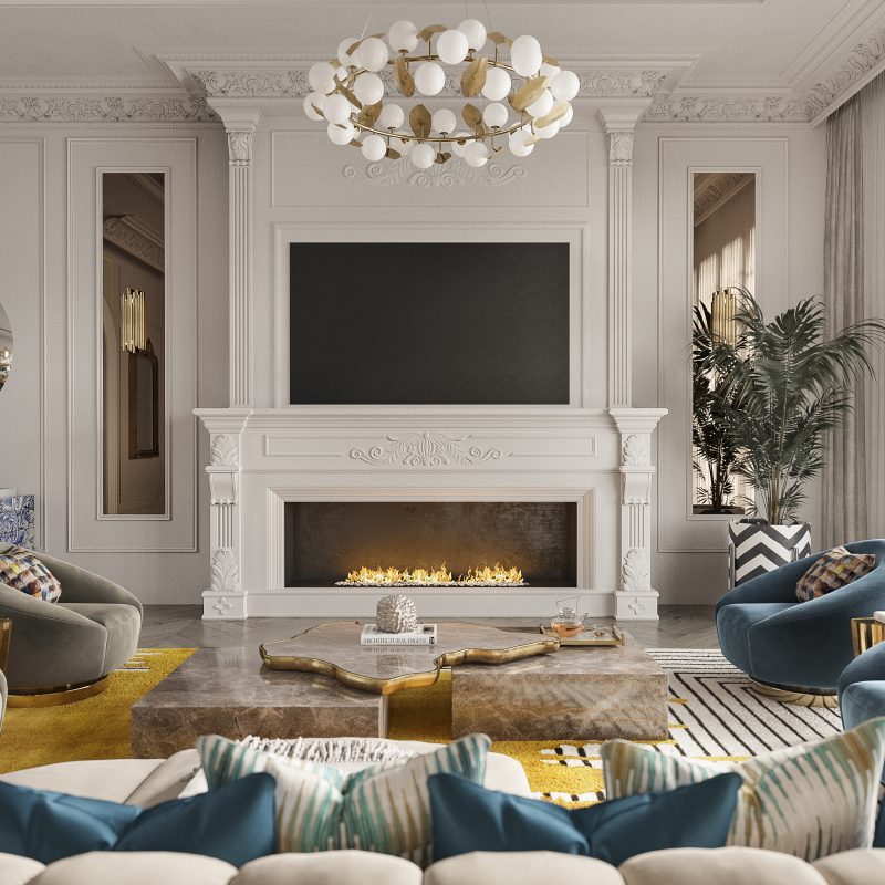 two armchairs one in suede, one in blue and other one in brown, a white fireplace and a brown marble center table