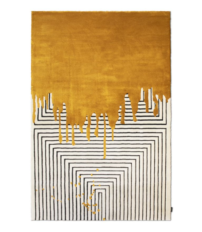 luxury villa - white carpet with black stripes forming a square and paint dropping effect in yellow