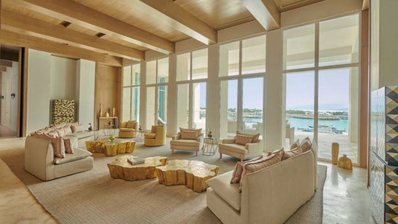living room with two curved sofas, four armchairs, three that incorporates nature-inspired design and a handmade cabinet