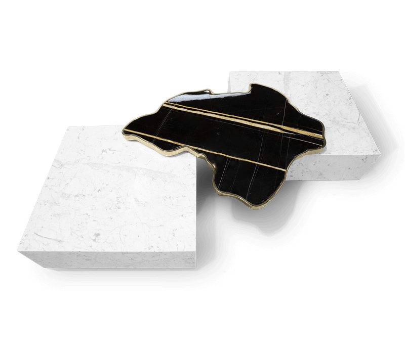 Los Angeles- center table composed by two square marble modules, linked by an organic marble surface element on top enveloped by casted brass