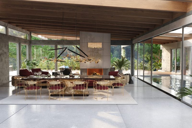 Los Angeles - contemporany dining room with red chairs with gold details, black and gold dining table, red sofa with gold details, white rug
