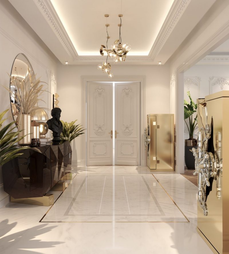 California Home Decor- luxurious golden safes, plants, sideboard, mirror with golden details