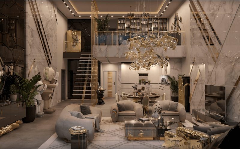 california home decor - luxurious living room with plants, sofas and armchairs, coffee table, a TV, dining table and chairs, sideboard, hanging lamp, stairs, a golden safe