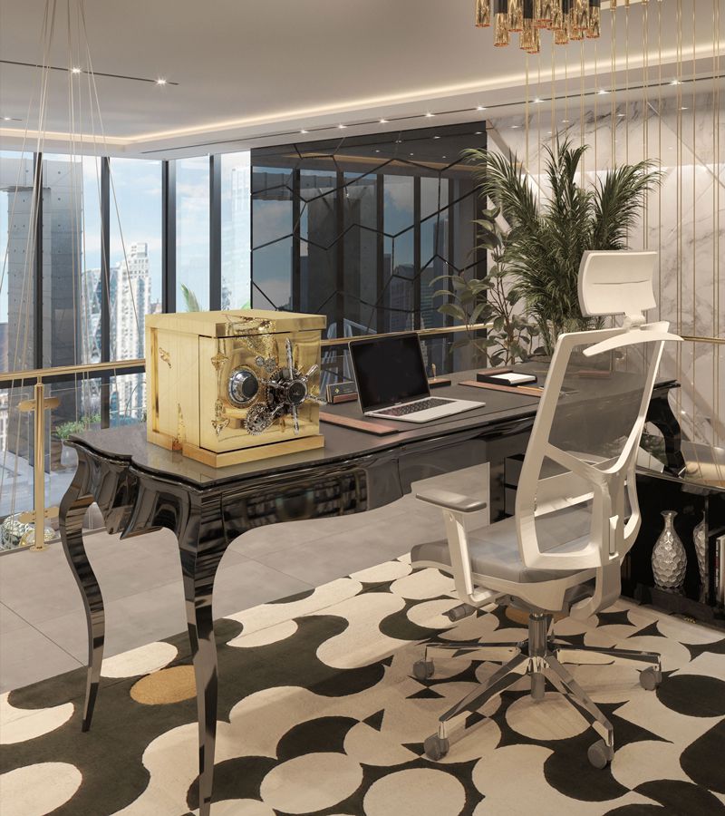 california home decor- home office with a black desk with a computer and a safe on top, a chair, plants, a rug, large windows and decorative items