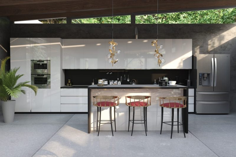 Los Angeles - white and black modern kitchen, gray fridge, plants and a red ang gold chairs